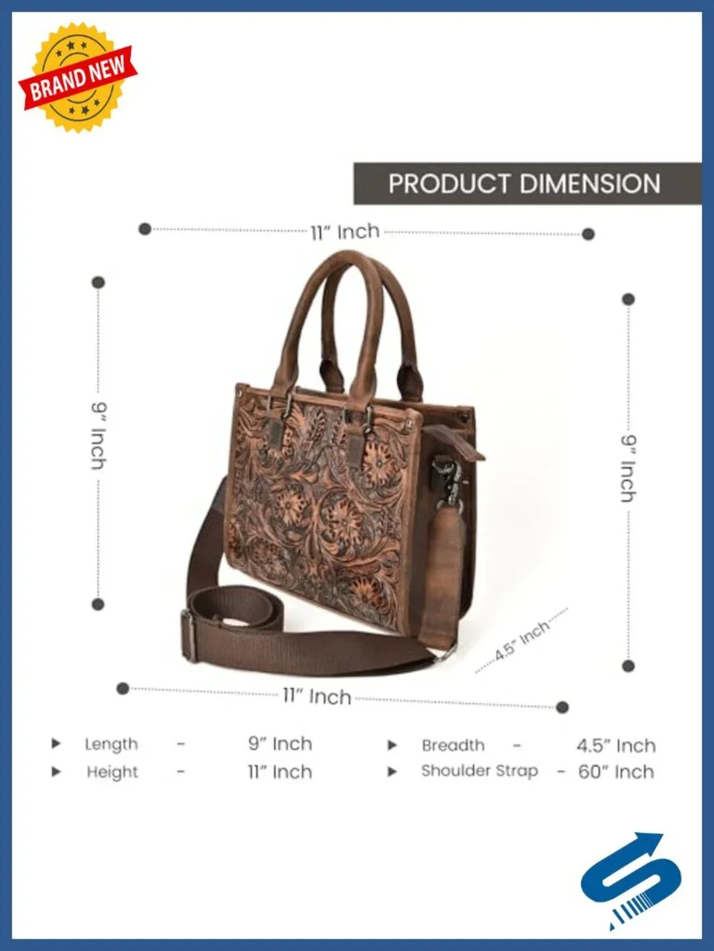 Hand-Tooled Leather Tote Bag with Adjustable Strap for Women